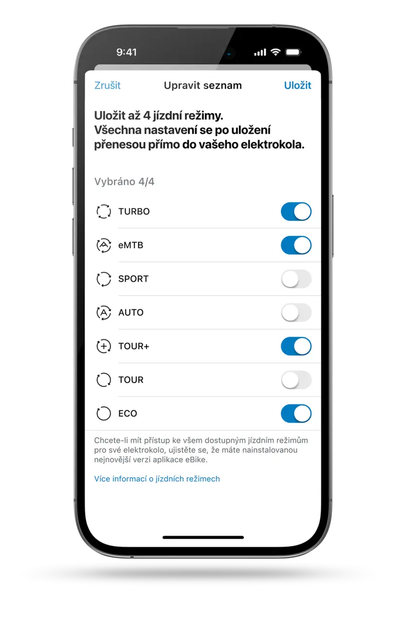Oříznutý displej chytrého telefonu zobrazující výběr režimu v aplikaci eBike Flow.