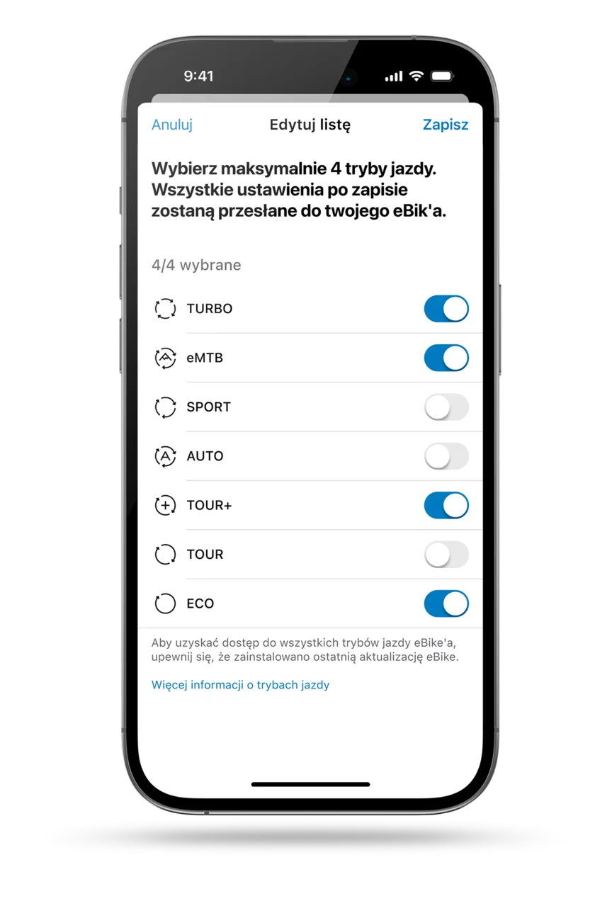 Przycięty ekran smartfona pokazujący wybór trybu w aplikacji eBike Flow.