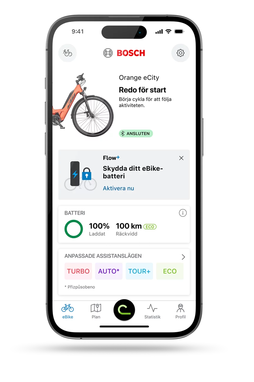 Skärm av eBike Flow-appen: startskärmen med information om funktionen "Skydda din eBike-batteri / elcykelbatteri" och möjlighet till gratis provperiod.