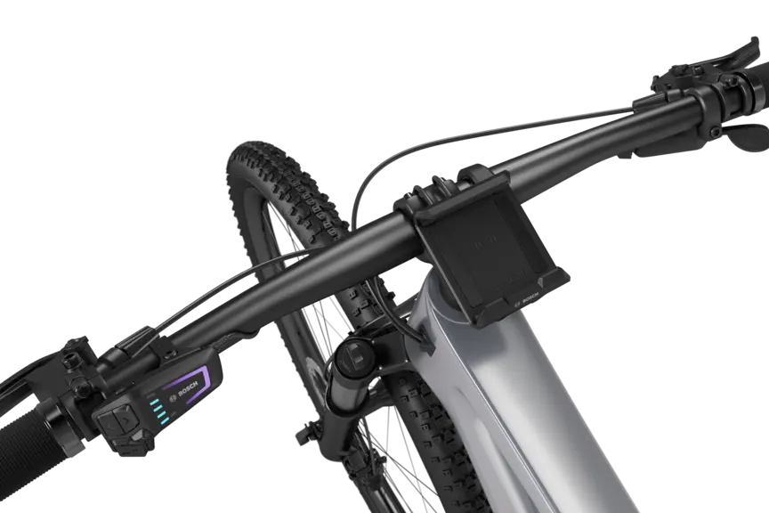 A black eBike positioned against a white background, featuring a SmartphoneGrip mounted on the handlebar.