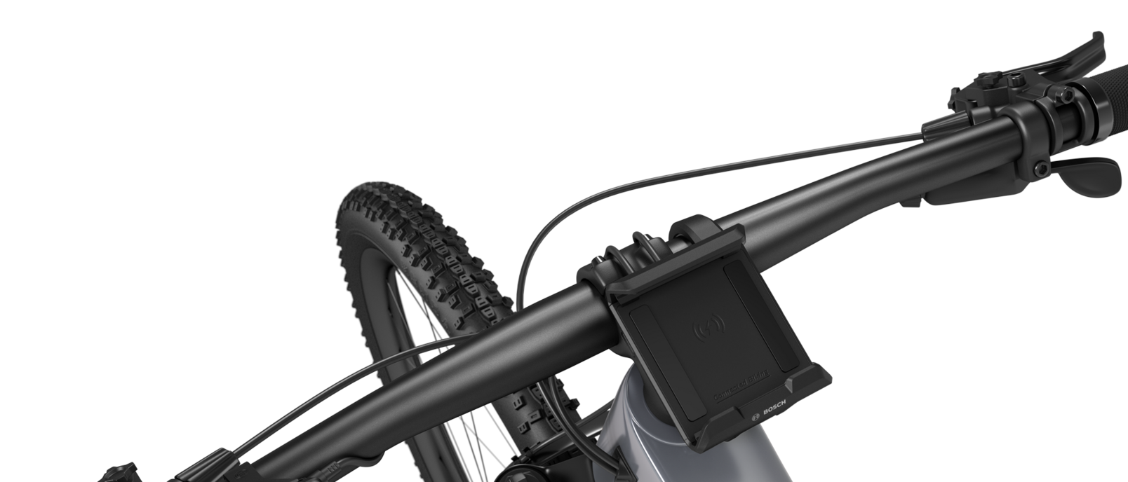 A black eBike positioned against a white background, featuring a SmartphoneGrip mounted on the handlebar.
