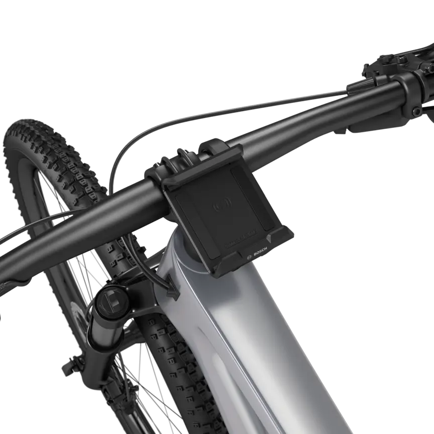Een zwart eBike, vrijstaand tegen een witte achtergrond, met een SmartphoneGrip gemonteerd op het stuur.