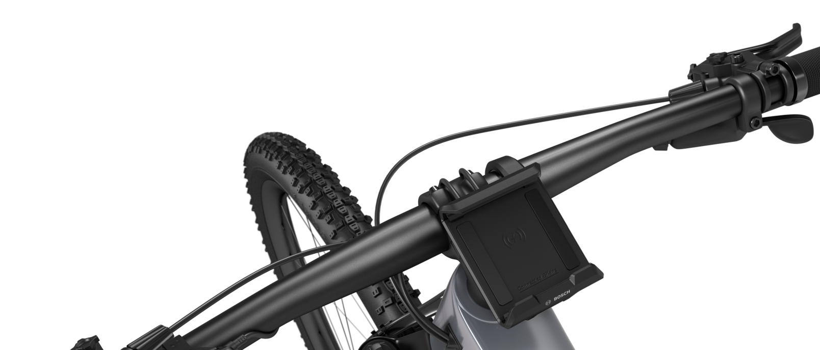 En sort elsykkel plassert mot en hvit bakgrunn, med et SmartphoneGrip montert på styret.