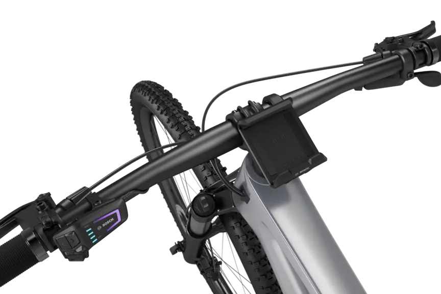 A black eBike positioned against a white background, featuring a SmartphoneGrip mounted on the handlebar.