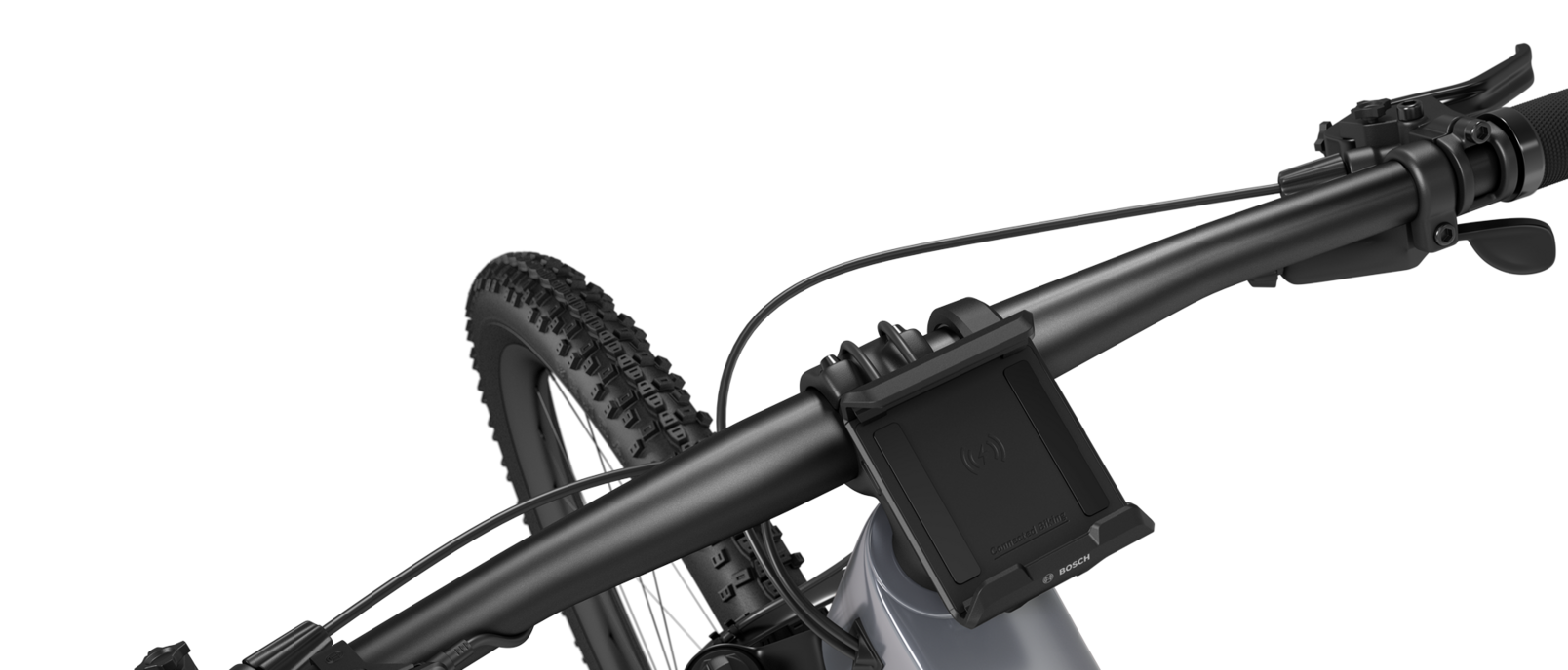Un eBike noir détaché sur un fond blanc, équipé d'un SmartphoneGrip monté sur le guidon.