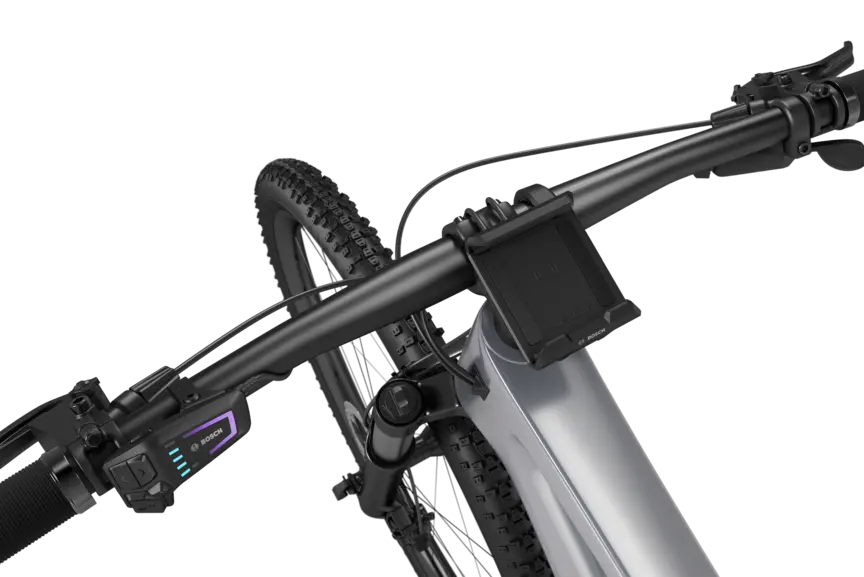 A black eBike positioned against a white background, featuring a SmartphoneGrip mounted on the handlebar.