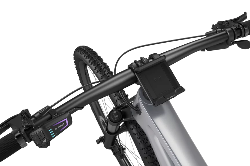 A black eBike positioned against a white background, featuring a SmartphoneGrip mounted on the handlebar.