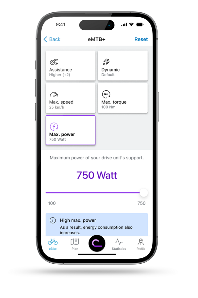 EBike flow app screen showing the performance setting display.