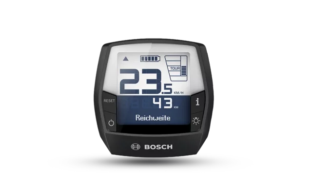 Les Intuvia écran de la système VAE Bosch de 2e génération, présentées sur un fond blanc. L'écran affiche en grand la vitesse en km/h ainsi que l’autonomie en km. De plus, l'écran indique le niveau de la batterie et le mode de conduite.