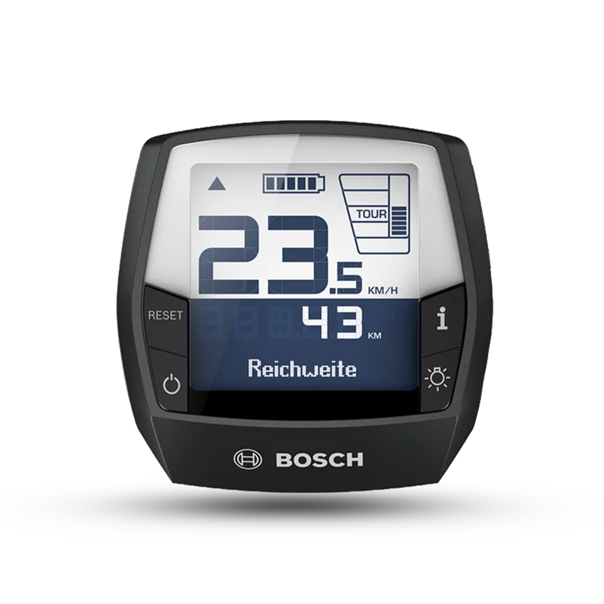 Das Intuvia Display des Bosch eBike-System 2 freigestellt vor weißem Hintergrund. Das Display zeigt groß die Geschwindigkeitsangabe in km/h an, sowie die Reichweite in km. Außerdem zeigt das Display den Akkustand, sowie den Fahrmodus an.