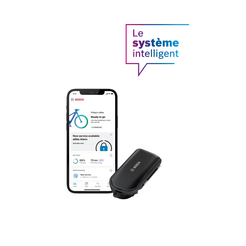 Un smartphone affiche la page d’accueil de l'application eBike Flow, accompagné du module Connect de l’alarme eBike, présenté sur un fond gris. Au-dessus, une bulle de texte violette et bleue contient les mots « Le système intelligent ».