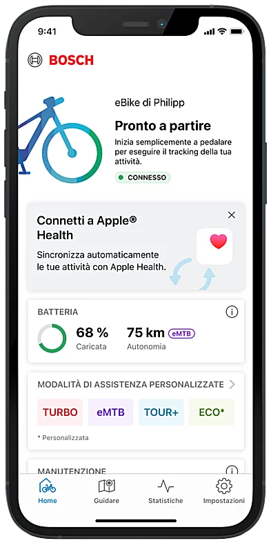 Scatto della Screen del Smartphone, che mostra la schermata iniziale dell'eBike Flow App.