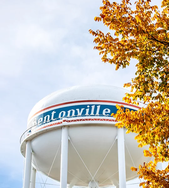 A water tower in the city of Bentonville, Arkansas.