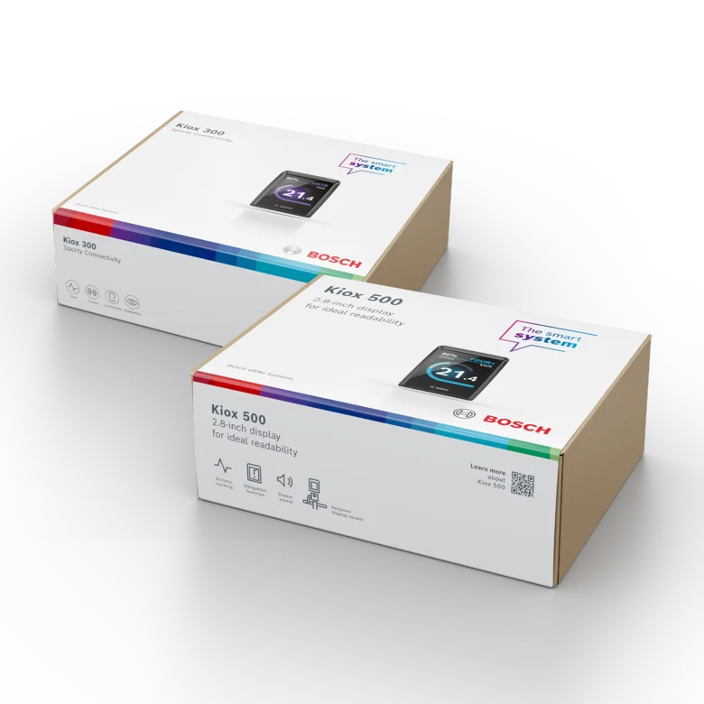 Kiox 300 and Kiox 500 displays in their original packaging.
