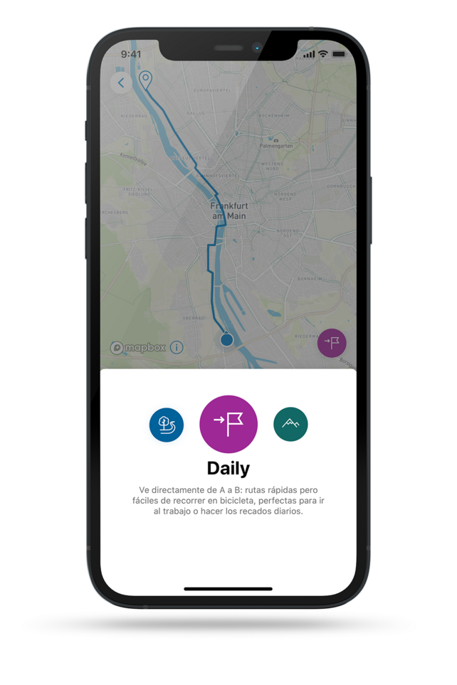 Perfil de ruta "Daily" recortado en la aplicación eBike Flow sobre un fondo gris claro.