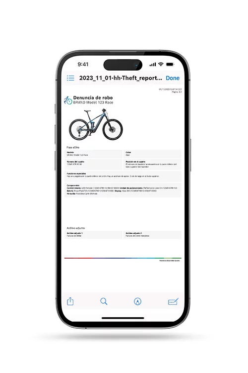 En un [Smartphone] liberado, se puede ver un [Diebstahlbericht] en la aplicación [eBike Flow].