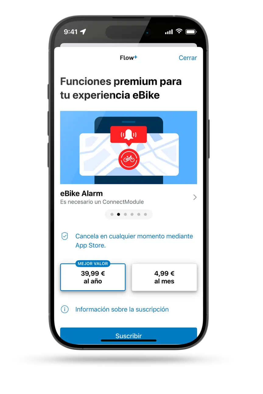 Smartphone recortado que muestra las opciones de suscripción de Flow+. Además, eBike Alarm aparece como función premium.