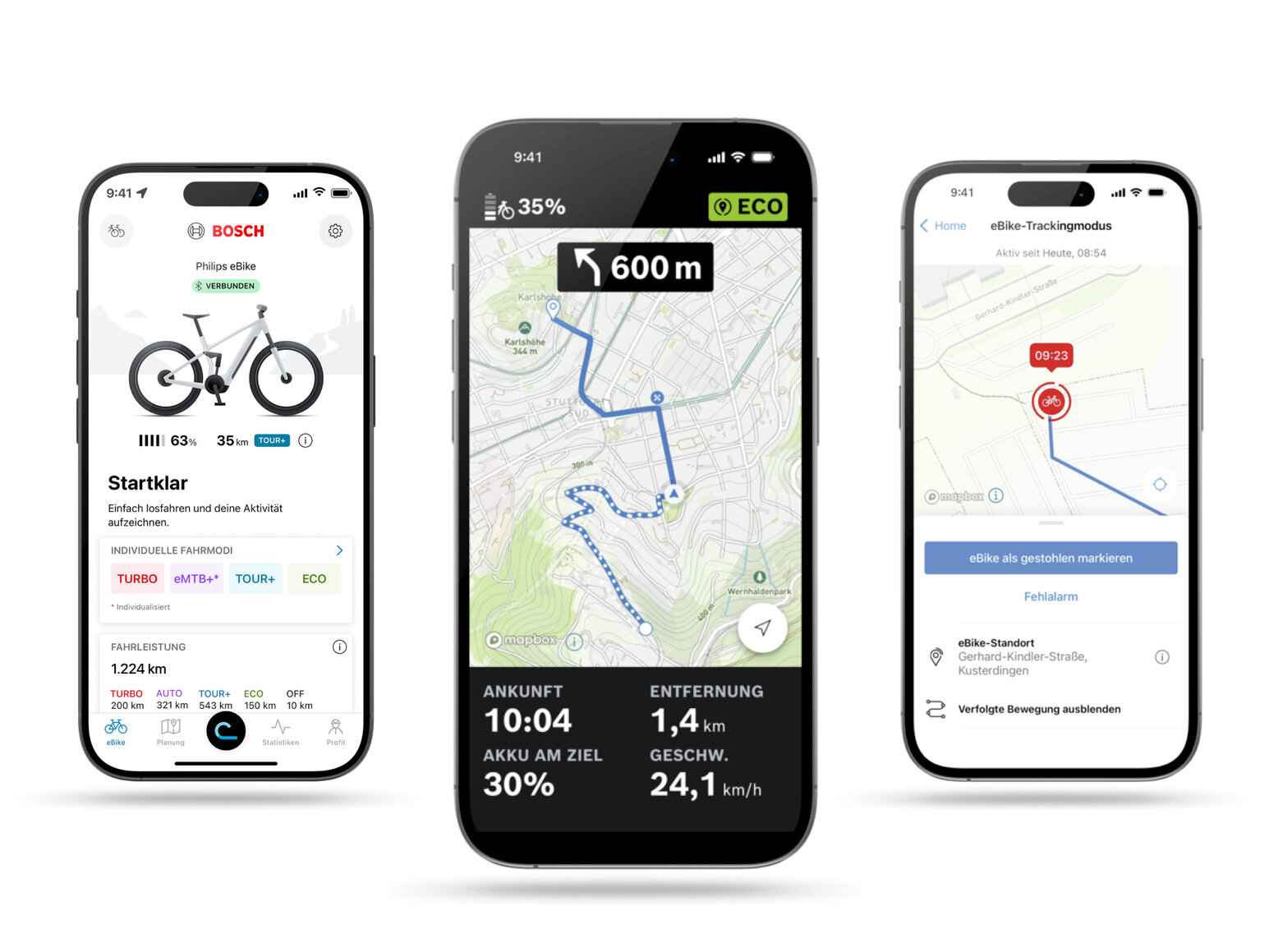 Eine Collage aus drei Smartphone-Bildschirmen, die verschiedene Funktionen der Bosch eBike Flow App zeigen: in der Mitte ist der Startbildschirm mit Akkustand und Fahrmodi, links die Navigationsansicht mit Routenführung und rechts der eBike-Trackingmodus zur Ortung eines eBikes.