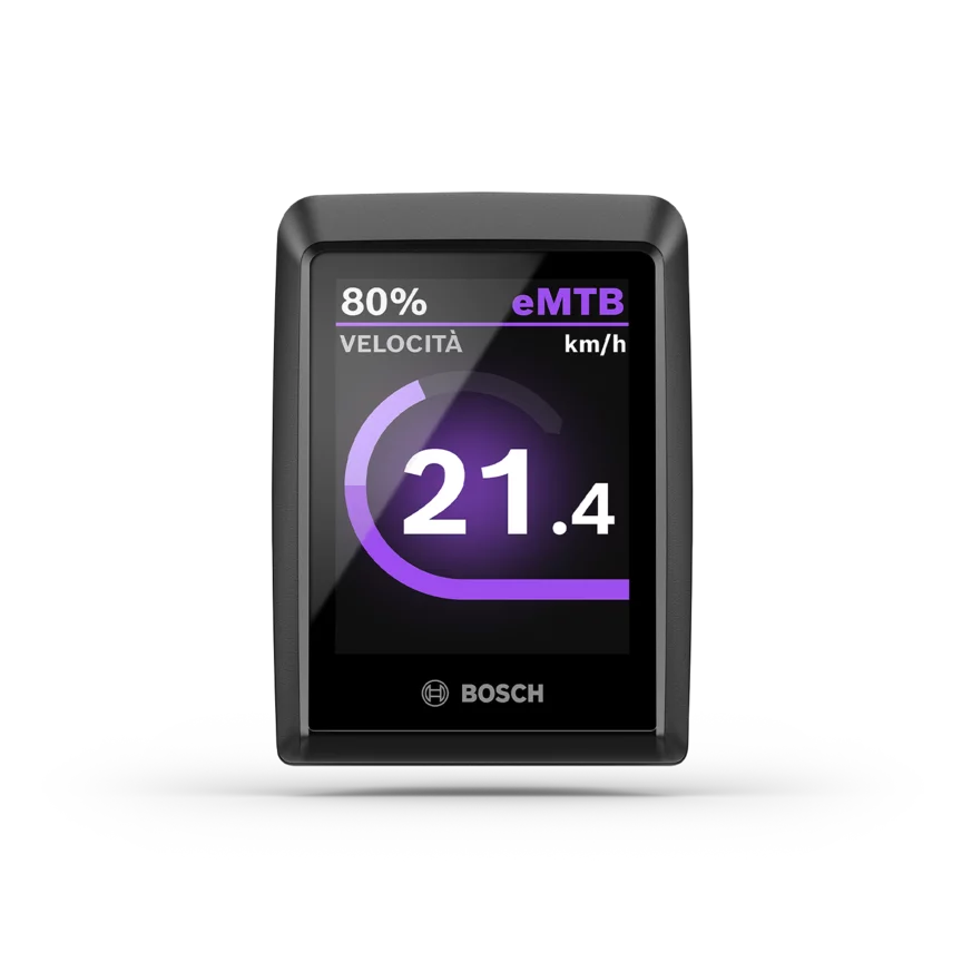 Il display Kiox 300 su sfondo bianco. Il display mostra la velocità in km/h, il livello della batteria e la modalità di guida.