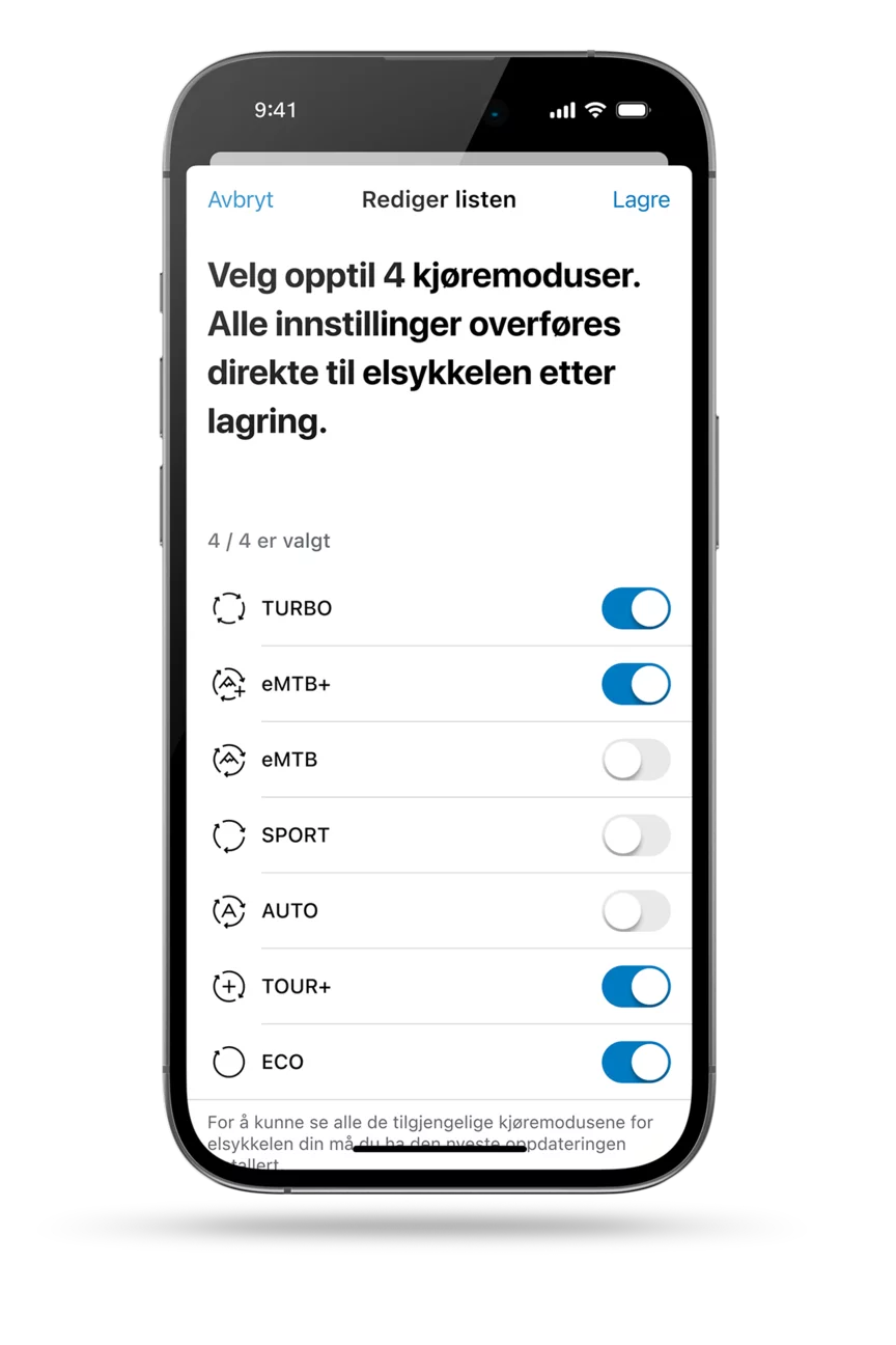 Skjermbilde av eBike Flow-app: Liste over tilgjengelige kjøremoduser (Turbo, elektrisk terrengsykkel+, elektrisk terrengsykkel, Sport, Auto, Tour+ og Eco) for personlig tilpasning av elsykkel. Du kan velge opptil fire kjøremoduser. Valgt: "Turbo, elektrisk terrengsykkel+, Tour+ og Eco".