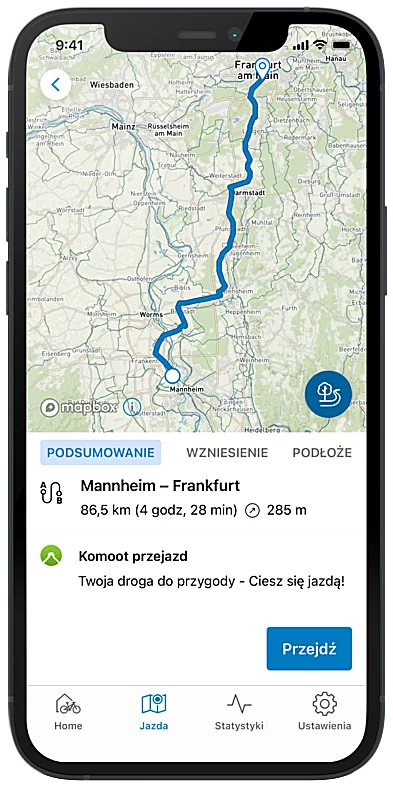 Zrzut ekranu pokazujący możliwą trasę z Mannheim do Frankfurtu w aplikacji eBike Flow.