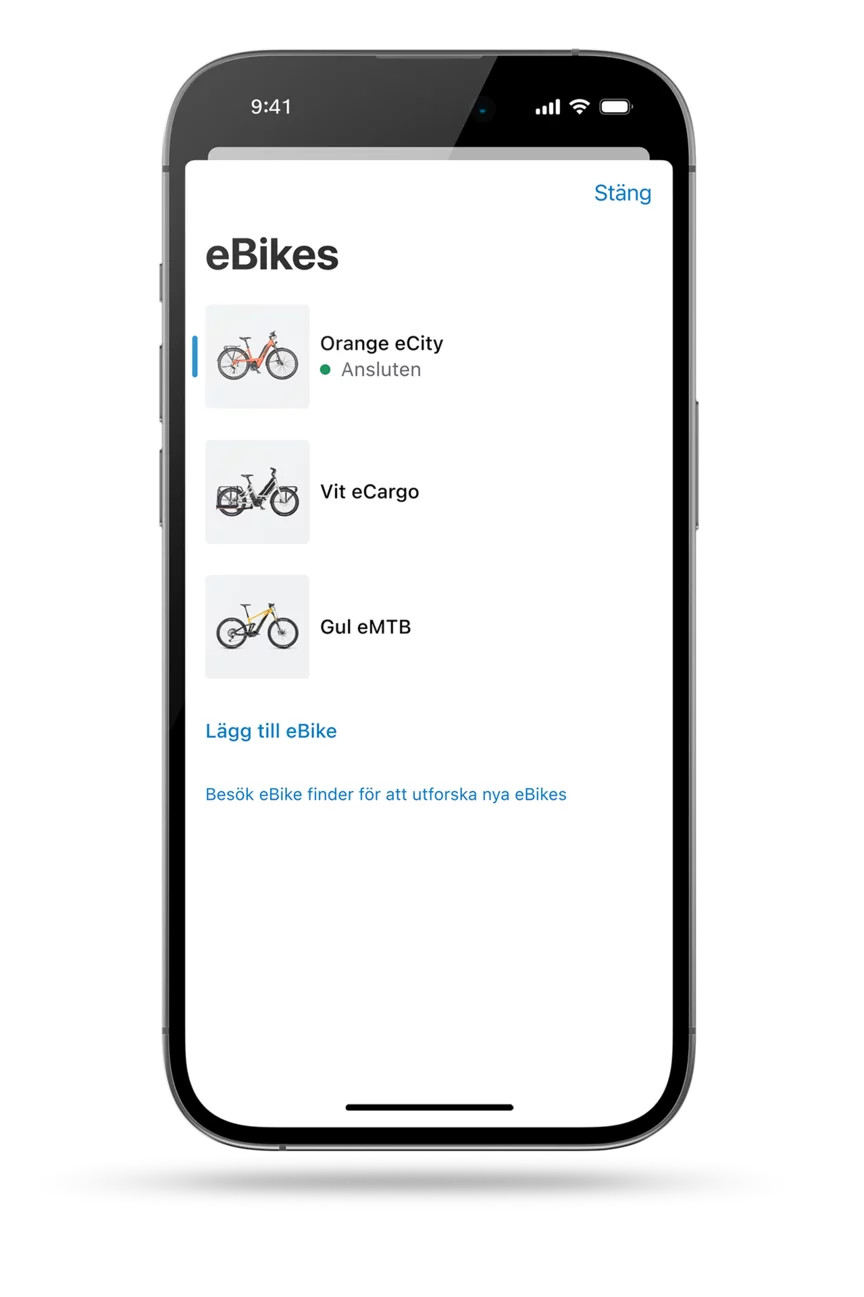 eBike Flow-appskärmen visas individuellt. Skärmen visar det digitala garaget i eBike Flow-appen, som presenterar tre olika elcykelmodeller.