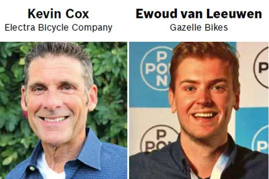 Two portraits side by side with their respective names and positions: 'Kevin Cox Electra Bicycle Company' on the left and 'Ewoud van Leeuwen Gazelle Bikes' on the right.