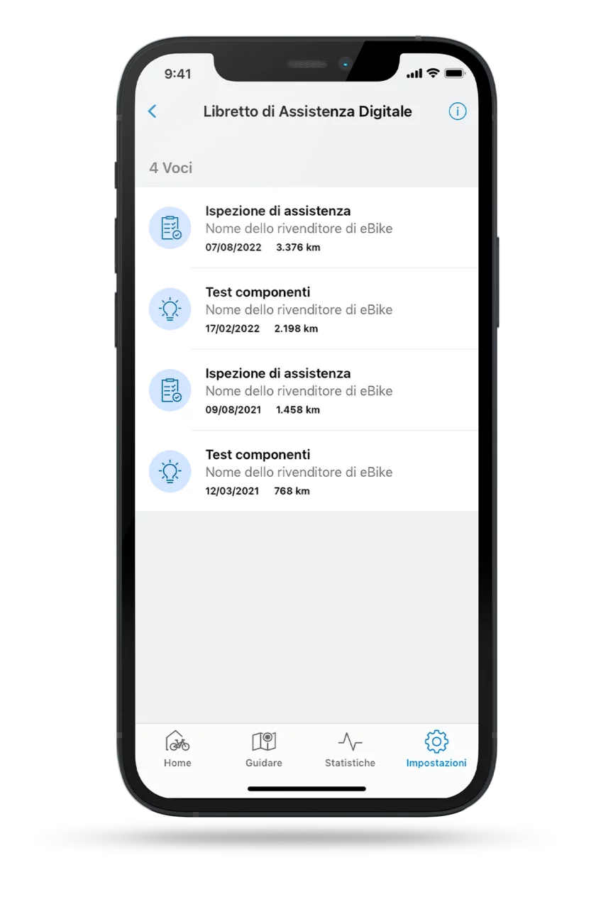 Telefono ritagliato con l'app eBike Flow aperta, che mostra i libri di servizio digitali.