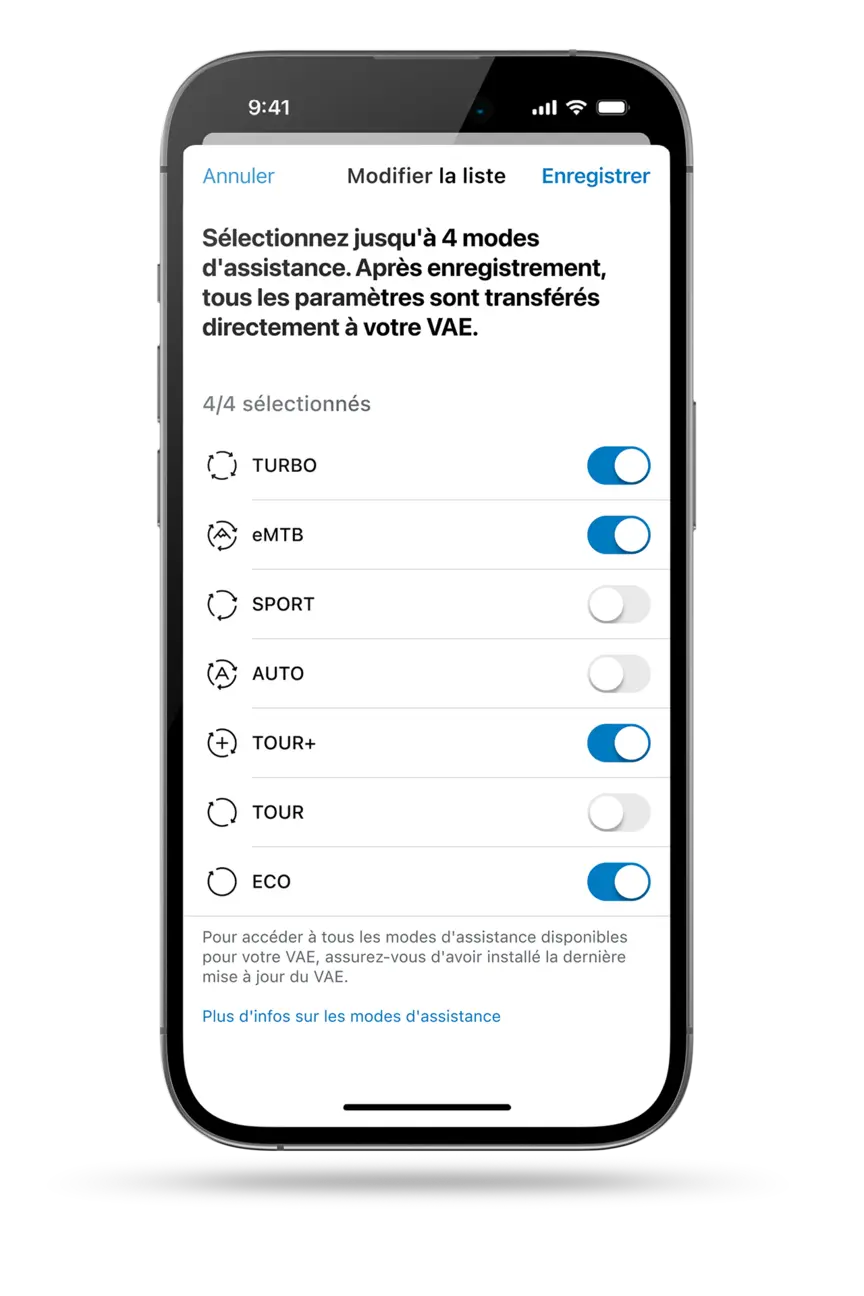 Représentation recadrée d’un smartphone, qui représente la sélection de modes dans la application eBike Flow.