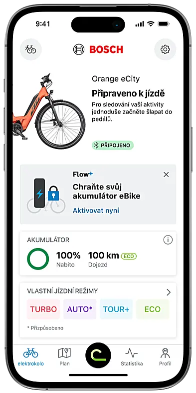 screenshot aplikace eBike Flow: Úvodní obrazovka s informací o funkci "Chraňte svůj akumulátor eBike" a možností bezplatného vyzkoušení.