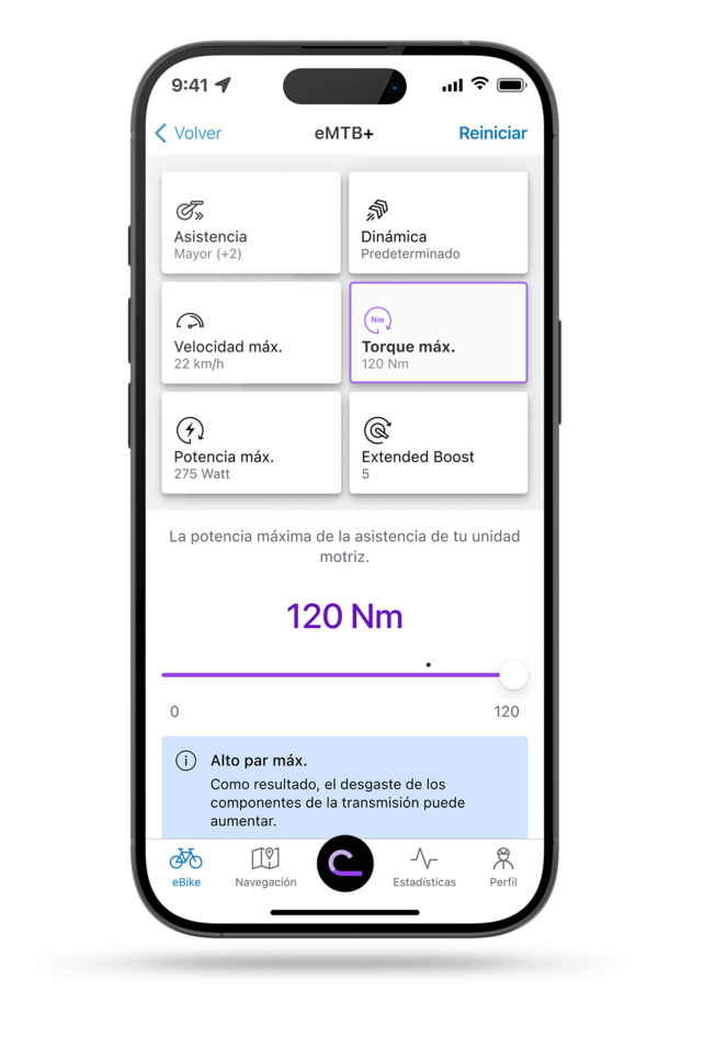 Smartphone que muestra la aplicación eBike Flow con la configuración abierta para el máximo torque en el modo eMTB+.