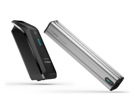 Batteries Bosch VAE batterie (PowerTube 800) avec imprimé gris et VAE batterie PowerPack 800 Frame détouré sur fond blanc.