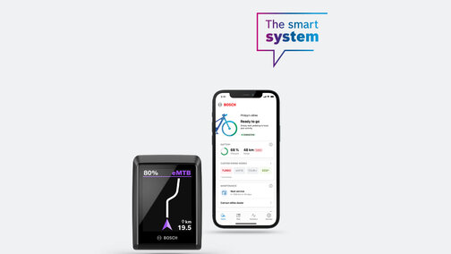 A cut-out smartphone with Kiox300, displaying the FlowApp or navigation, set against a light grey background with a blue-purple speech bubble reading "The smart system".