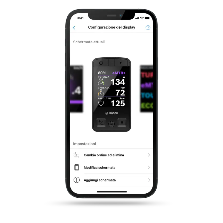 Screenshot del display di uno smartphone che mostra la navigazione nell'app eBike Flow, incluse la mappa, il riepilogo del percorso e le impostazioni della guida del percorso.