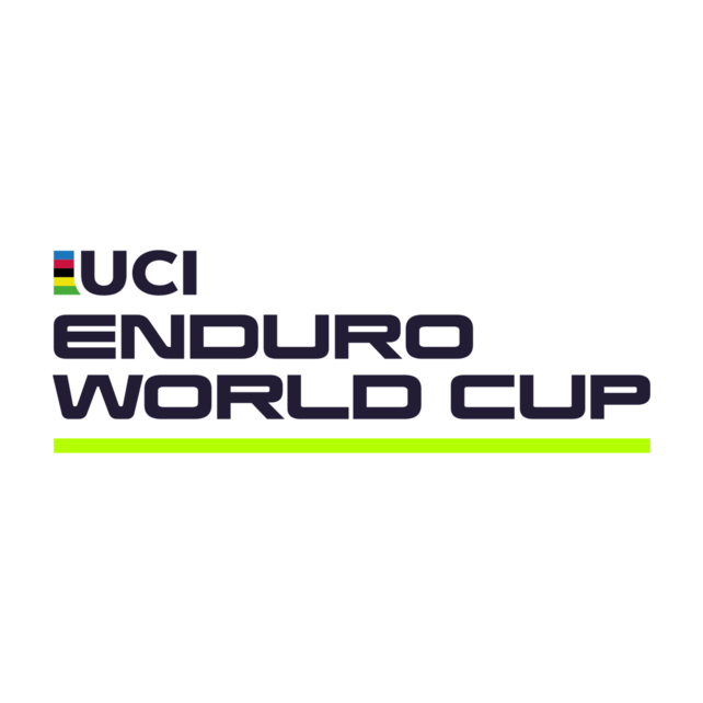 "UCI ENURO WORLD CUP" in purple lettering on a white background with a neon green underscore.