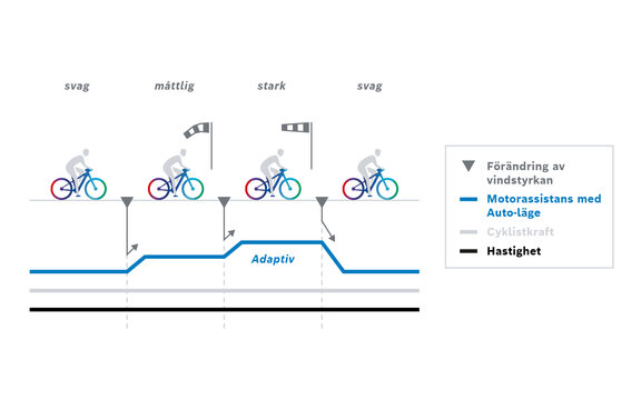 Diagram som visar "Motorstöd med automatläge", "Förarens prestanda" och "Hastighet" i relation till "Förändring av vindstyrka".
