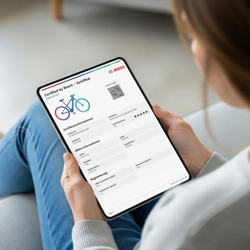 Person, die ein Tablet mit einem digitalen "Certified by Bosch"-Zertifikat für ein Bosch eBike hält.