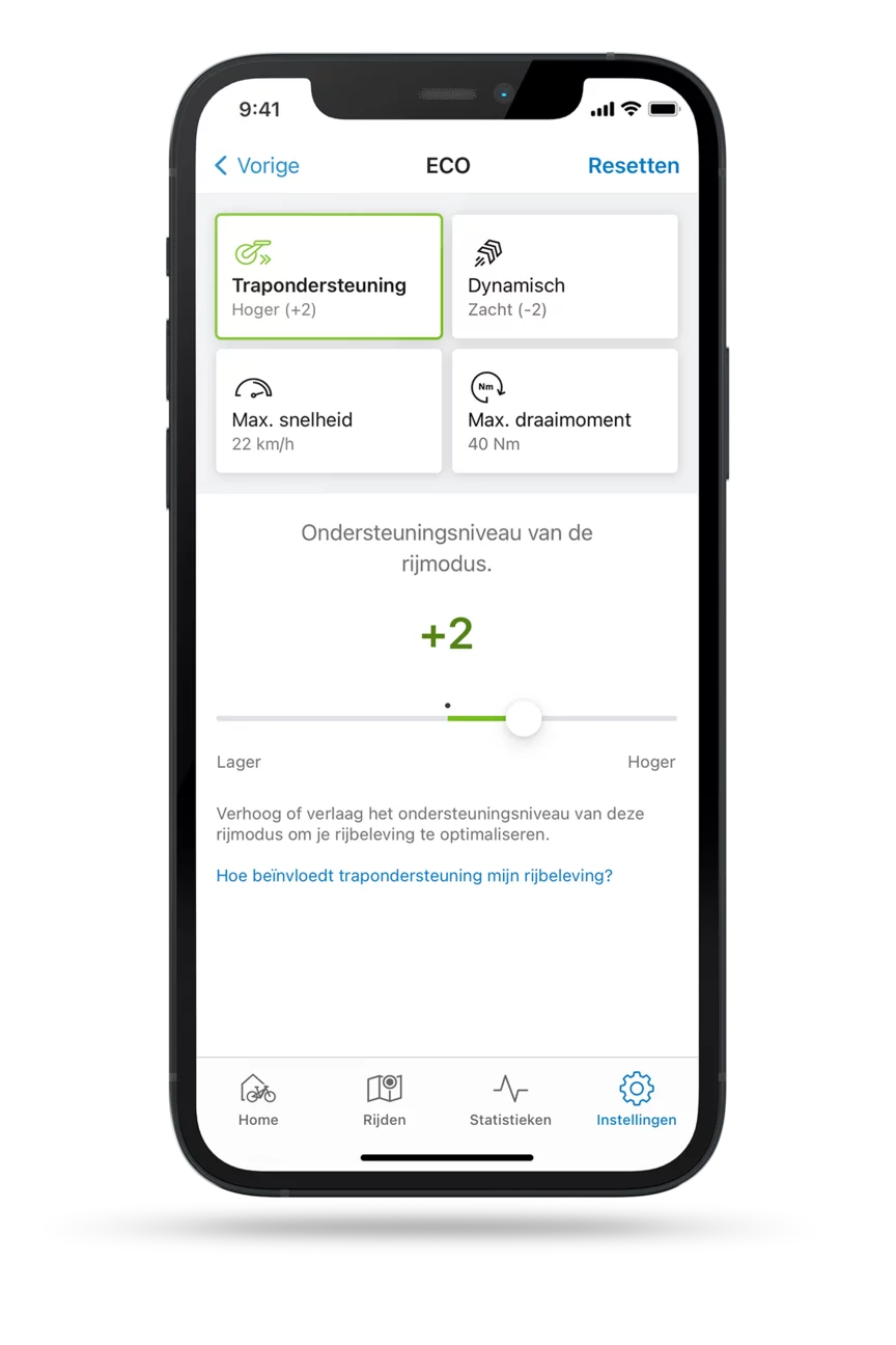 Vrijstaande scherm van de eBike Flow-app met het instellingenmenu voor de ondersteuning geopend in de ECO-modus.