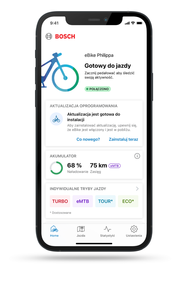 Strona główna aplikacji eBike Flow zawiera informacje o eBike'u, poziomie naładowania baterii, trybach jazdy oraz planowanych konserwacjach.