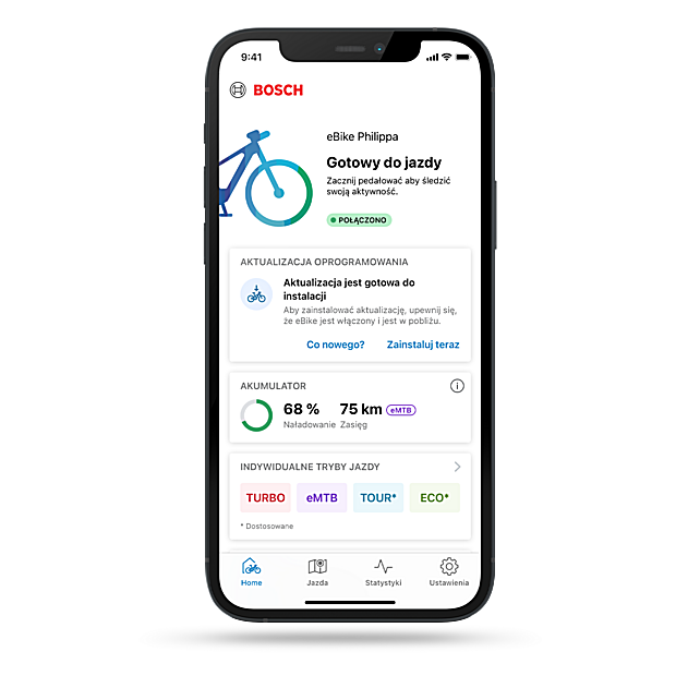 Strona główna aplikacji eBike Flow zawiera informacje o eBike'u, poziomie naładowania baterii, trybach jazdy oraz planowanych konserwacjach.