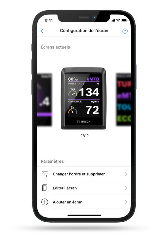Capture d'écran du smartphone montrant la configuration de l'écran dans l'application eBike Flow, y compris les paramètres possibles.