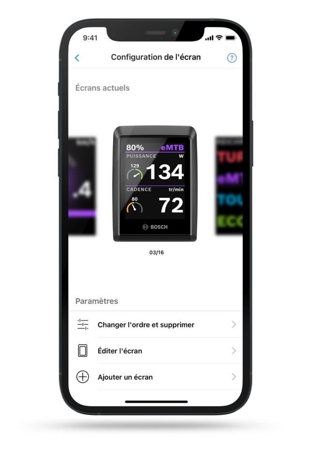 Capture d'écran du smartphone montrant la configuration de l'écran dans l'application eBike Flow, y compris les paramètres possibles.