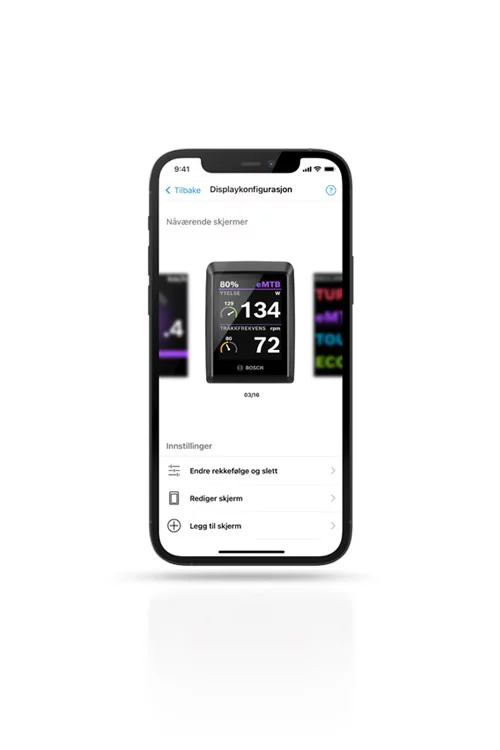 Skjermbilde av smarttelefonens skjerm som viser skjermkonfigurasjonen i eBike Flow-appen, inkludert mulige innstillinger.