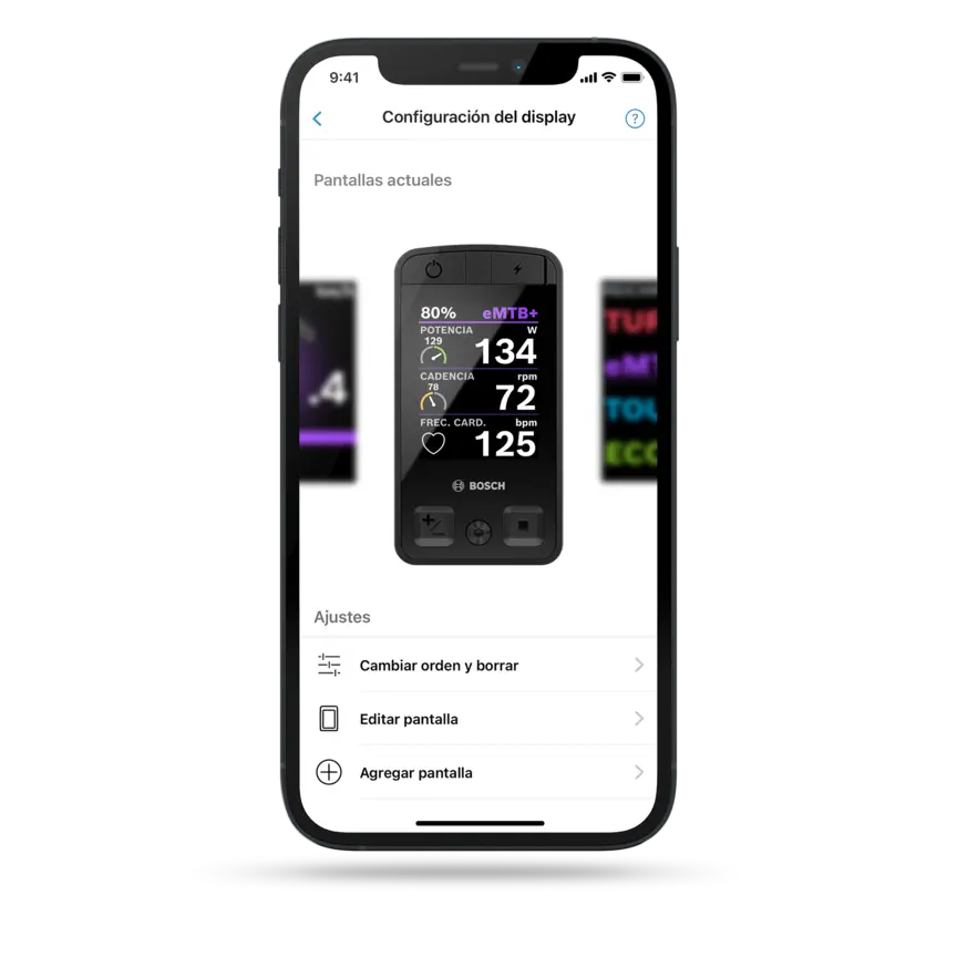 Captura de pantalla de un teléfono inteligente que muestra la navegación en la aplicación eBike Flow, incluido el mapa, el resumen de la ruta y la configuración de la guía de ruta.