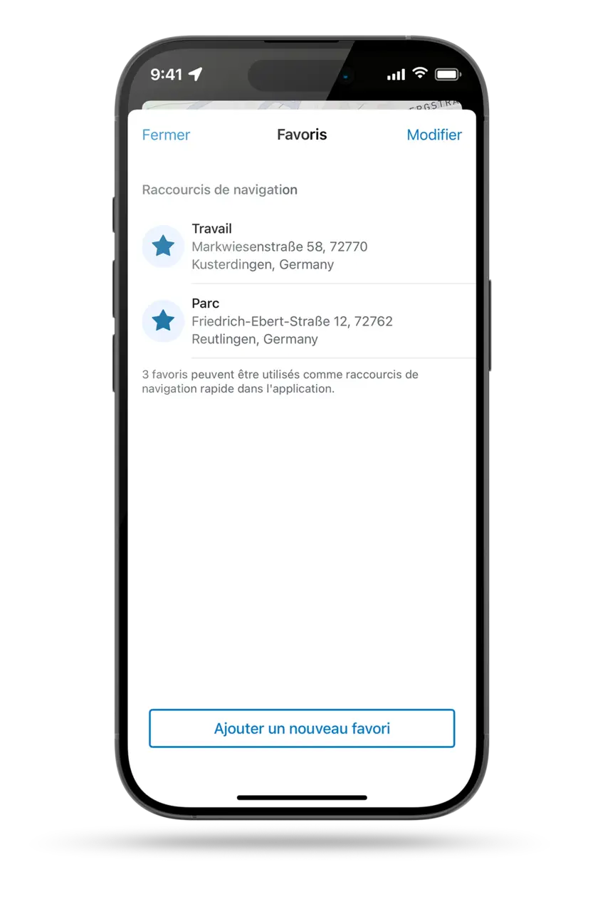 capture d’écran d’un smartphone affichant les raccourcis de navigation de l’application eBike Flow, avec deux favoris, « Travailler » et « Parcer », ainsi que l’option « Ajouter un nouveau favori ».