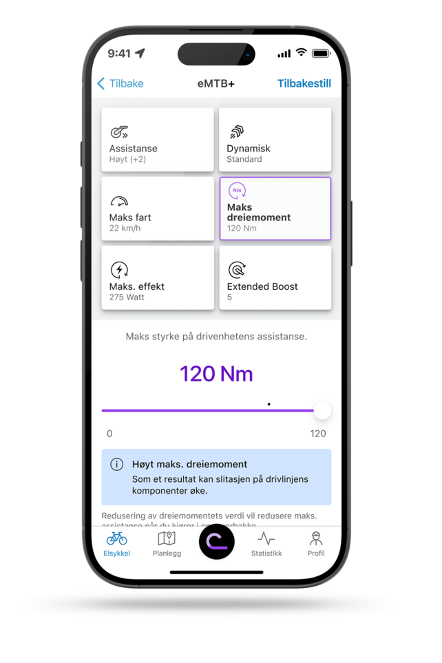smarttelefon som viser eBike Flow-app med åpen innstilling for maksimal dreiemoment i eMTB+-modus.