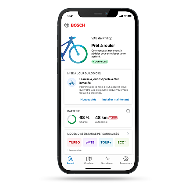 Page d’accueil de l'application eBike Flow avec des informations sur le VAE, le stand batterie, les modes de conduite et les entretiens à venir.