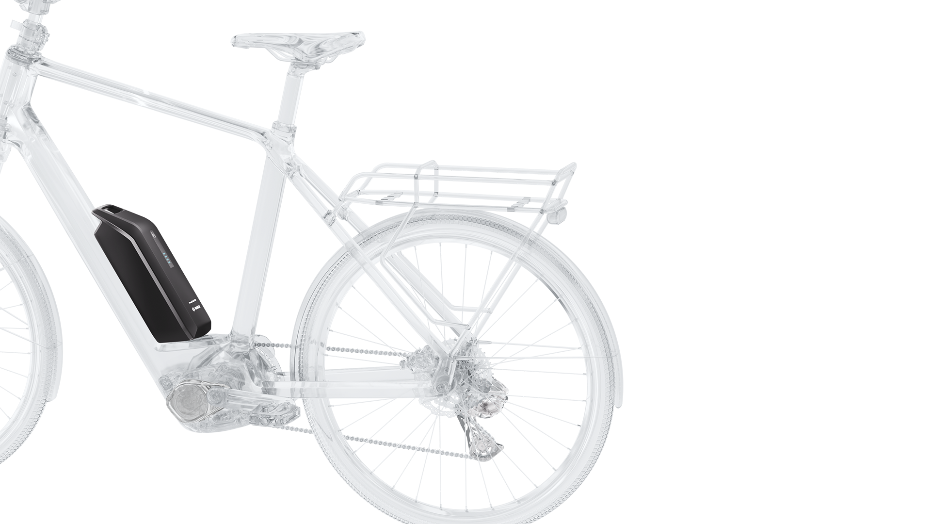 Zoom sulla parte posteriore centrale di un modello di eBike a taglio libero con effetto vetro, in cui è messa in evidenza una batteria di Bosch eBike Systems.