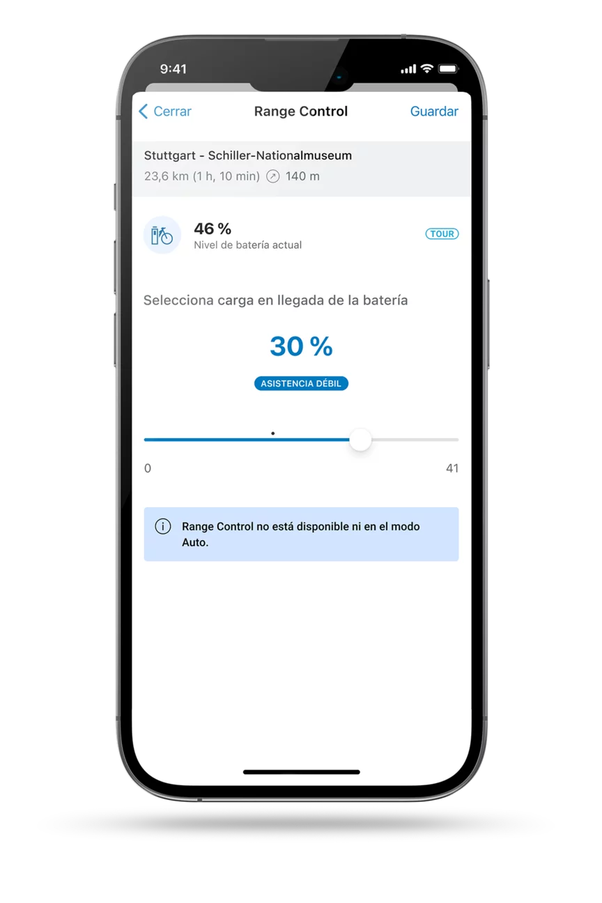 Captura de pantalla del display del smartphone que muestra la Range Control en la aplicación eBike Flow.