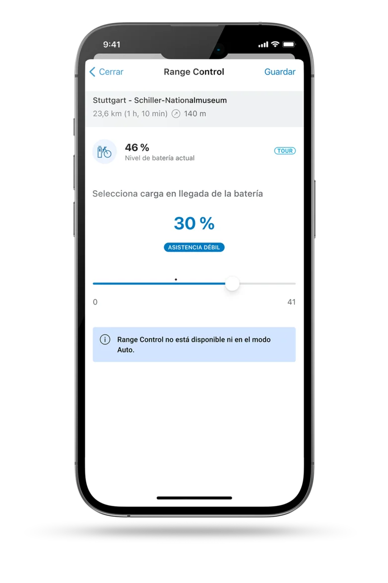 Captura de pantalla del display del smartphone que muestra la Range Control en la aplicación eBike Flow.
